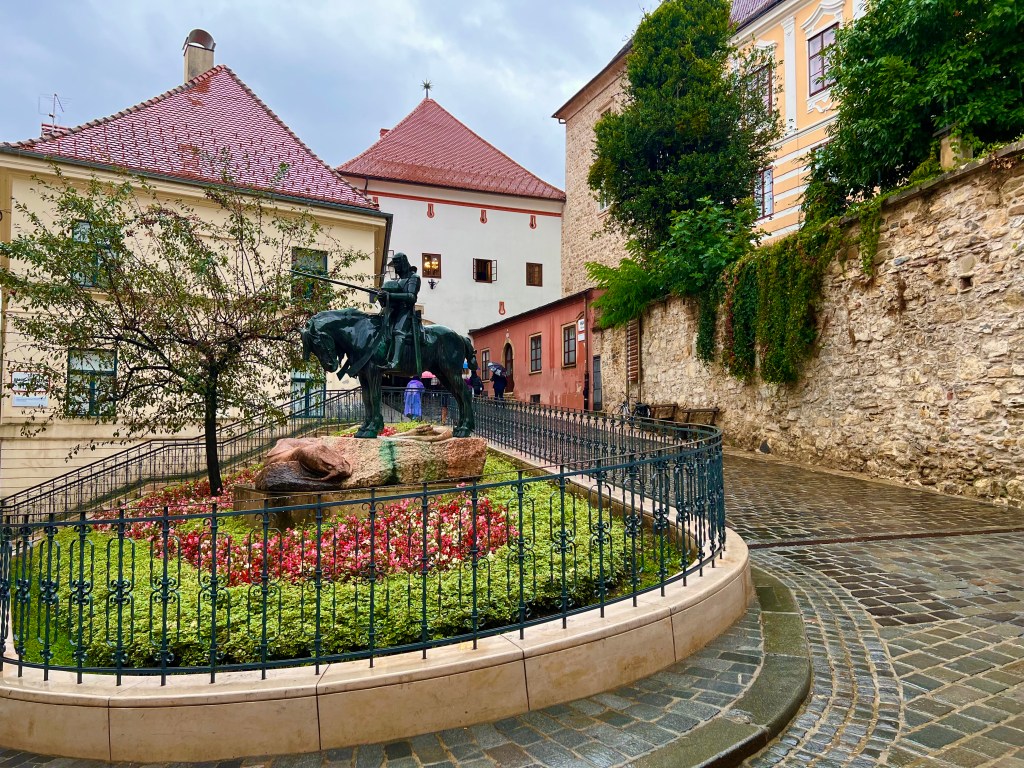 St. George and the Dragon statue near Stone Gate in Old Town Zagreb, Croatia.