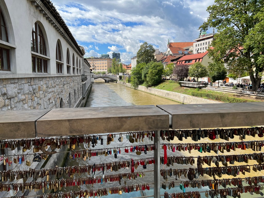 Padlocks left by lovers on Ljubljana's Butcher’s Bridge.
