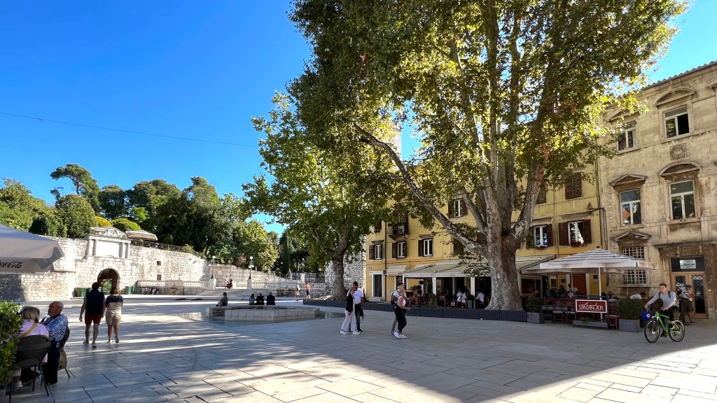 The Venetians built Grimani Bastion into a medieval wall beside Five Wells Square in Zadar, Croatia.